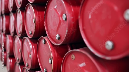 Rows of red metallic drums stacked neatly, capturing texture, form, and repetition. Detailed view