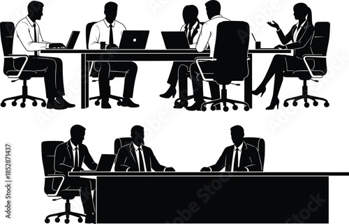 Set of business silhouettes showing professionals working on laptops at a long conference table and an executive board meeting discussion.