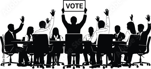 Silhouette Illustration of a Diverse Group of People Sitting at a Conference Table Raising Hands to Vote During a Meeting,