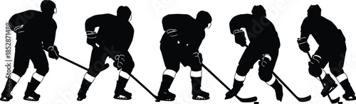Professional, ice, hockey, player, silhouettes, in, action, poses, skating, and, handling, sticks, isolated, on, white, background, for, sports, team, vector, graphics.