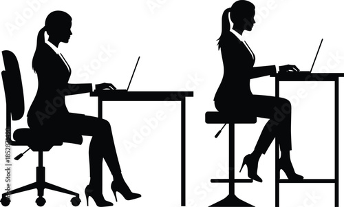 Silhouette of a businesswoman working on a laptop at both a standard desk and a tall standing desk for ergonomics.