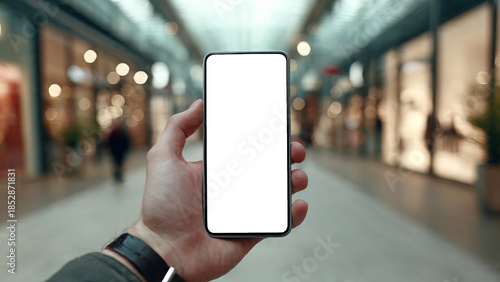 Hand Holding Smartphone with Blank Screen in Shopping Mall Aisle Surrounded by Storefronts and Shoppers