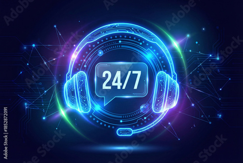 Wallpaper Mural Glowing 24 7 customer support headset icon, neon cyber service and AI chatbot assistance concept background. Torontodigital.ca