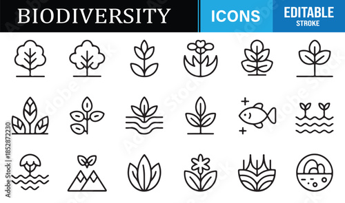 Wildlife and plant biodiversity icon set