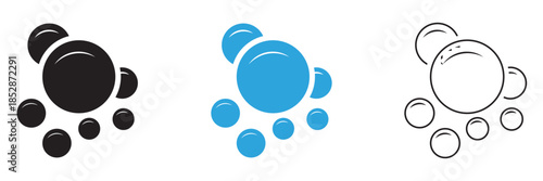 Water Bubbles icon.  Oxygen sphere pictogram. Clean wash suds concept. Blue and black blowing bubbles icon set.