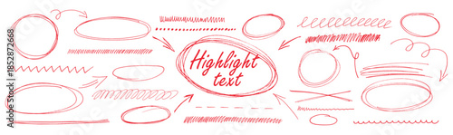 Red pen strokes forming round circle underline shapes with hand drawn doodle arrow elements creating vector set kit bundle for highlight text using scribble oval lines in playful layout.