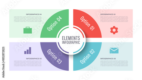 A pie chart divided into four equal parts isolated on a white background. Infographic layout for data visualization.