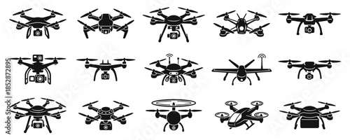 Black Drone Silhouette Icon Set – UAV Quadcopter Aerial Technology Vector Collection