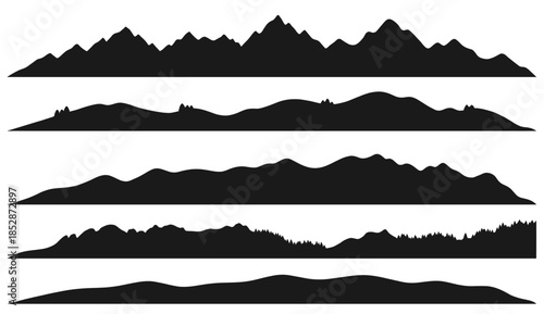 Mountain and Hill Silhouette Landscape Set – Black Panoramic Horizon Vector Background