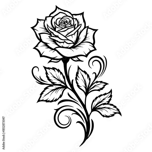 An artistic black and white illustration of a rose with decorative leaves and stem, presented in a stylized manner