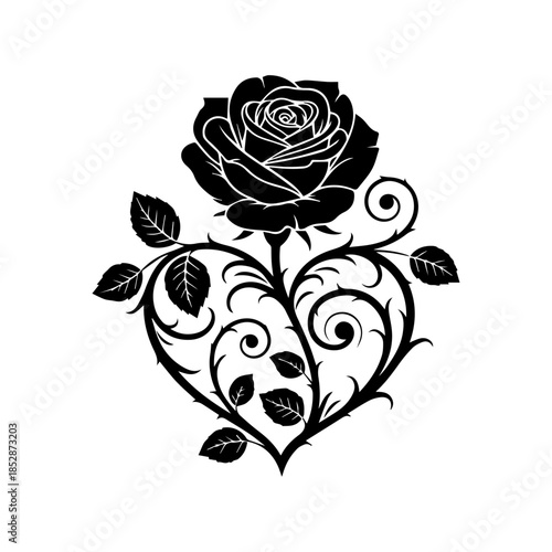 A black rose illustration surrounded by heart-shaped leaves and swirling vines on a white background