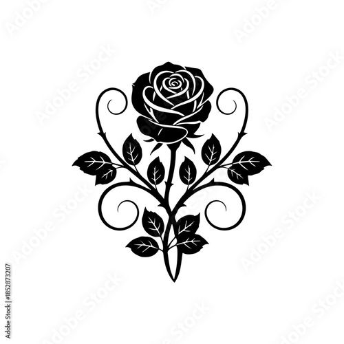 A black rose with swirling stems and leaves in a simple illustration style