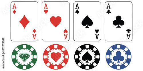 Casino Poker Background with Four Aces and Stacked Chips. Vector Illustration of Playing Cards Spades, Hearts, Diamonds, and Clubs on Dark Background for Gambling and Luck Concept.