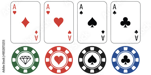 Casino Poker Background with Four Aces and Stacked Chips. Vector Illustration of Playing Cards Spades, Hearts, Diamonds, and Clubs on Dark Background for Gambling and Luck Concept.