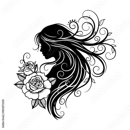 A serene illustration of a woman surrounded by floral elements, showcasing her long hair and elegant profile.