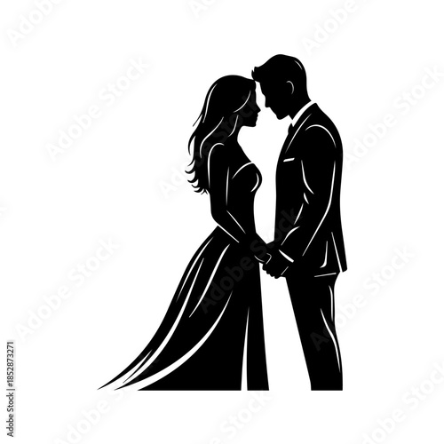 Silhouette of a Bride and Groom Holding Hands in a Romantic Embrace
