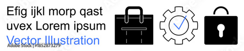 Data protection, business processes, cybersecurity, user authentication, secure systems, digital tools. Black briefcase, cogwheel with a checkmark and a lock icon. Data protection and business