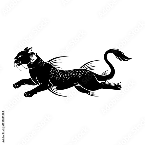 Mythical creature illustration of a black panther with fish scales and fins