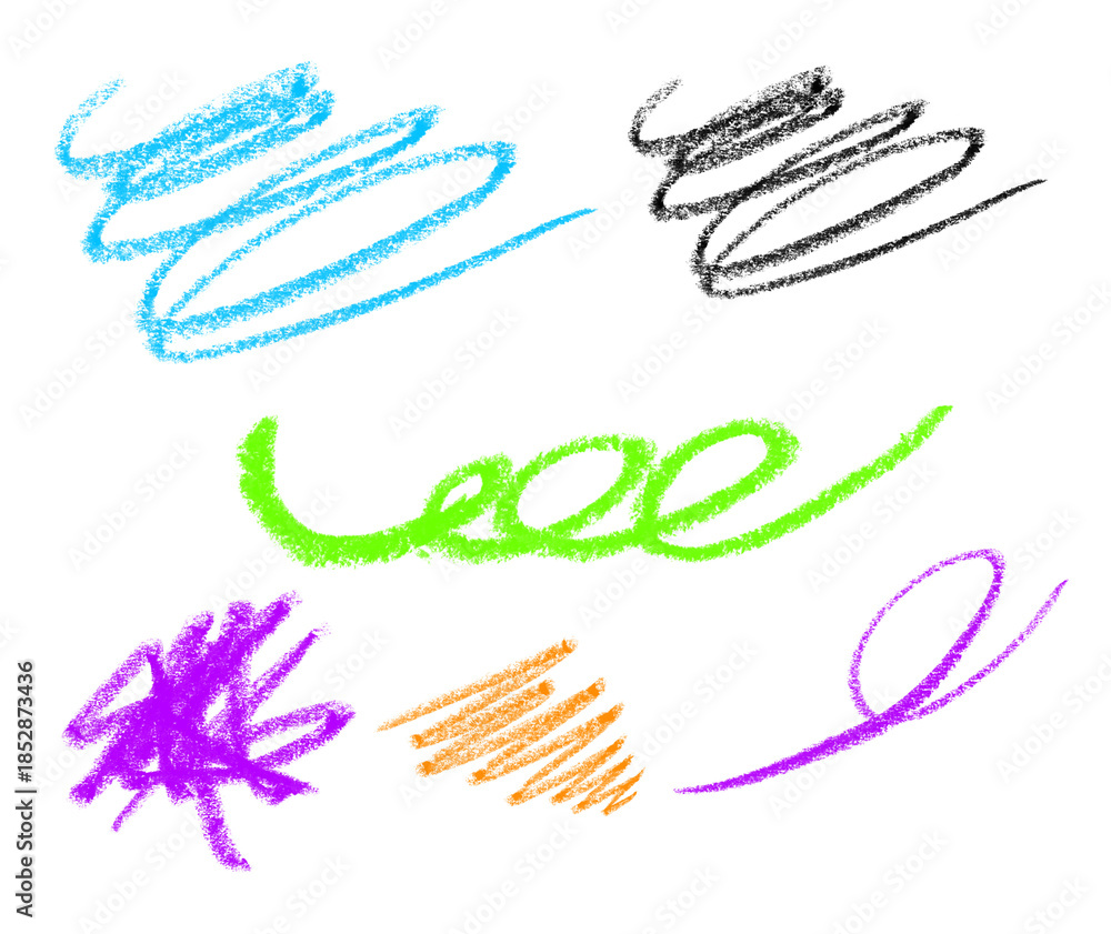 Obraz premium Set of colorful hand drawn crayon scribbles and doodles creating abstract shapes on transparent background for artistic design