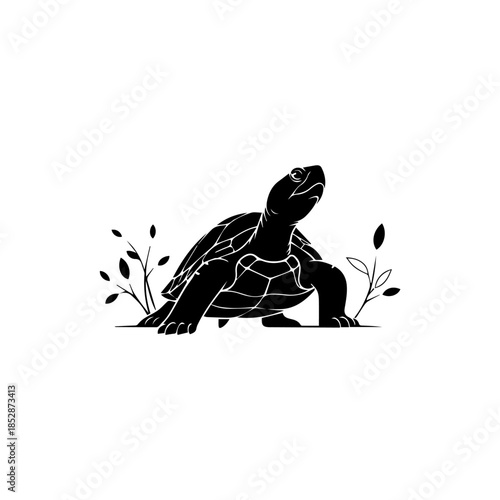 Turtle silhouette graphic looking skyward, strong shell with plant details, a unique vector illustration design