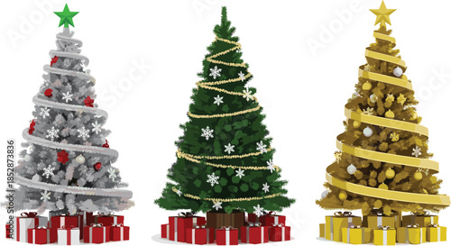 Christmas tree trio, festive decoration, holiday vector, ornament styles, gift boxes, clipart, line art, stock illustration, celebration icon, seasonal theme