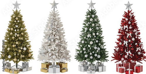 Christmas tree collection, festive decoration, holiday vector, gift boxes, ornament styles, seasonal clipart, line art, stock illustration, celebration icon, winter theme