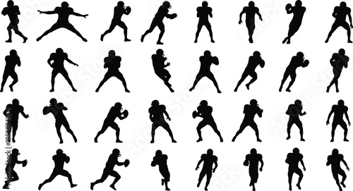 Football player silhouettes, dynamic poses, black vector, athletic action, helmet gear, sports clipart, line art, stock illustration, motion stance, team icon
