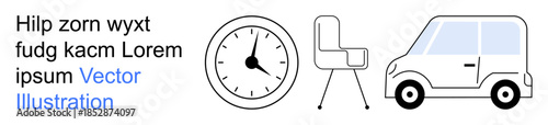 Time management, transportation, furniture design, office planning, daily schedule, minimalism. Black clock, chair and car in line art. Time management and transportation concept