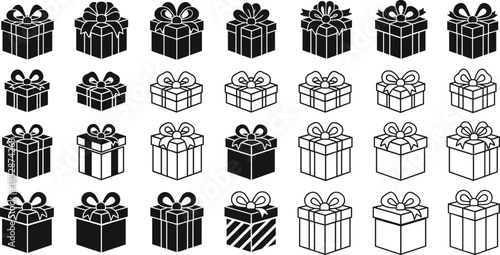 Gift box icons, stylized design, ribbon variations, black vector, clipart, line art, stock illustration, festive packaging, holiday symbol, UI element