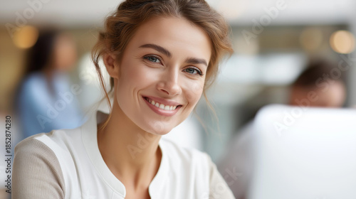 Free Download Faceless smiling female consultant at office desk providing support and sales advice while using computer for customer service in call center environment, happy representative, def - GFXLoad