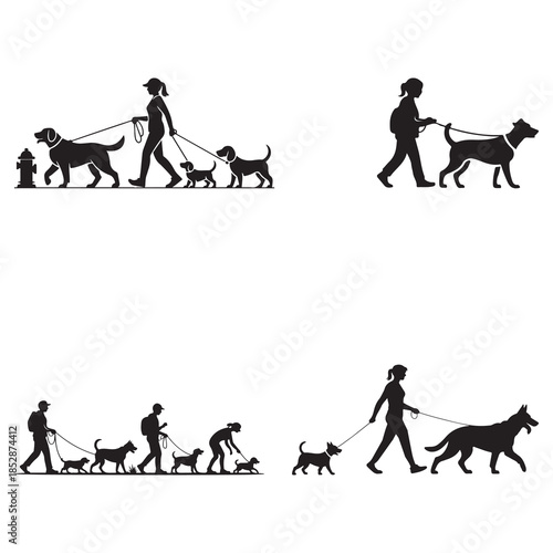 Black Color Dog Walker Daily Routine Vector Silhouette Vector Illustration, Solid White Background.