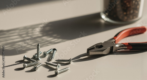 Pliers and scattered screws on a workbench with soft shadows  