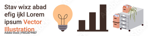 Business strategy, productivity, workplace organization, analytics, creative thinking, data visualization. A light bulb, bar chart and file cabinet. Business strategy and productivity concepts