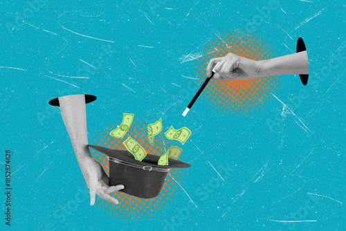Foto Art collage showcasing hands performing a magic trick with money appearing from