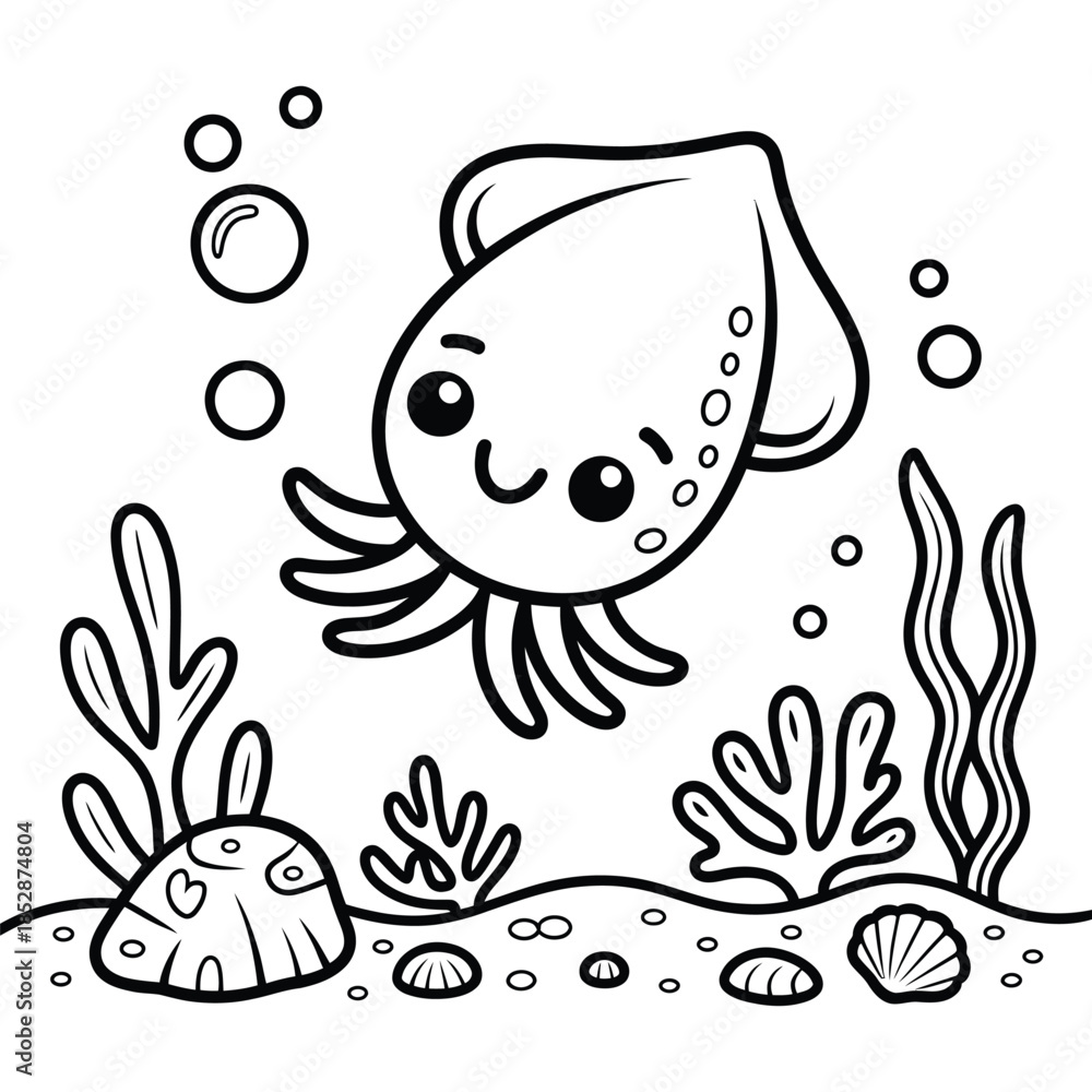 Fototapeta premium Cute Cartoon Squid Underwater Ocean Floor Coloring Page Line Art
