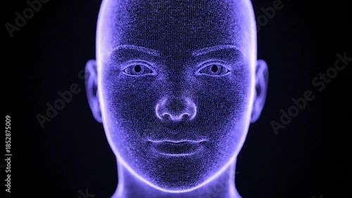 A digital face constructed of glowing points against a dark background, evoking a sense of artificiality