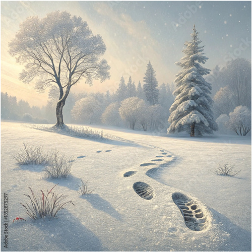 Snowy landscape with bare tree footprints in foreground frosty morning serene winter scene