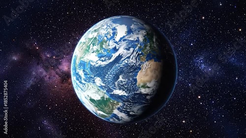 A vibrant blue and green planet Earth floats in a starry cosmos, bathed in light