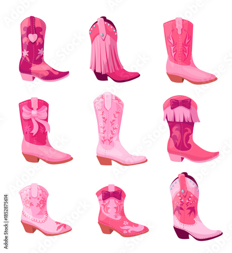 Cowgirl boots. Fashion cowgirls leather pink boot with ribbon, girly rodeo vintage texas ranch footwear country dance party shoe western female collection, neat vector illustration