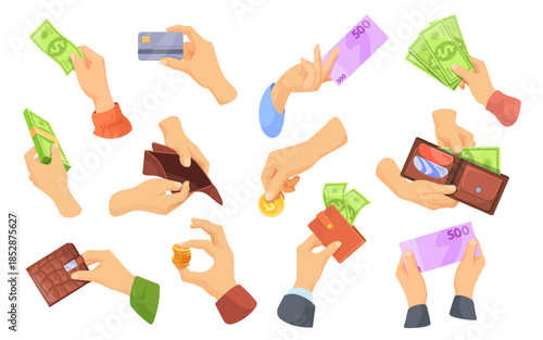 Hands hold money. Female male hand pay cash credit card, arm give dollar bills euro banknote wallet take coins count paper currency finance income payment neat vector illustration