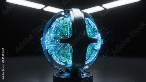 A futuristic device with a circuit-board globe and an enclosing structure, glowing brightly