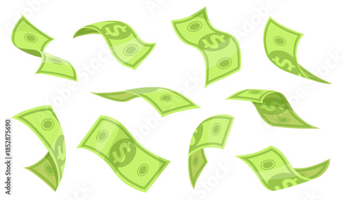 Cartoon falling dollars. Flying dollar bill, cash money rain air floating paper currency american bank notes green banknotes, finance bonus wealth concept neat vector illustration