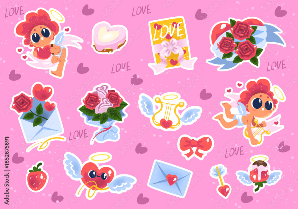 Fototapeta premium Cupid stickers. Valentine day sticker pack, cute baby angels love heart envelope rose flower bouquet romantic couple date dessert girly elements cartoon classy vector illustration