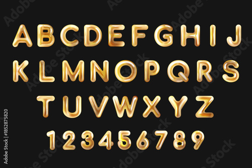 Golden liquid alphabet. 3d gold metal inflated letters, chrome fluid molten numbers abstract font melted bubble y2k typography luxury water text realistic exact vector illustration