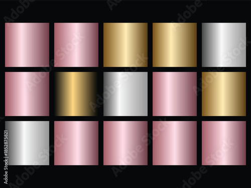 Set of 15 Rose Gold Gold Silver Metallic Gradient Swatches Vector