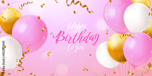 Birthday balloons banner. Happy day party event celebration banner, realistic balloon golden confetti luxury elegant background anniversary greeting card, exact vector illustration