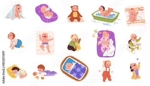 Cartoon newborn characters. Cute infants life activities, baby in diaper play sleep cry bath poses new born kid toddler routine childhood development classy vector illustration