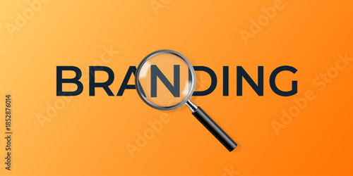 Magnifying branding. Marketing digital agency advertising web banner, realistic magnifier glass yourself brand development seo service business strategy concept vector illustration