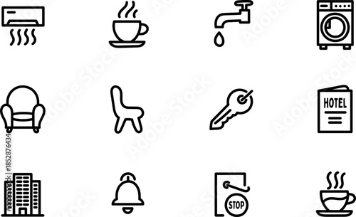 Hand Drawn Hotel and Travel Service Icons Set in Minimal Outline Style