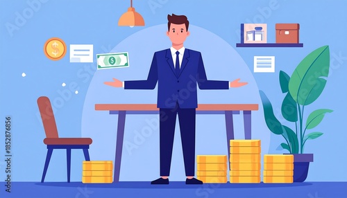 A suited man stands between a stack of gold coins and a wooden table in a flat design vector